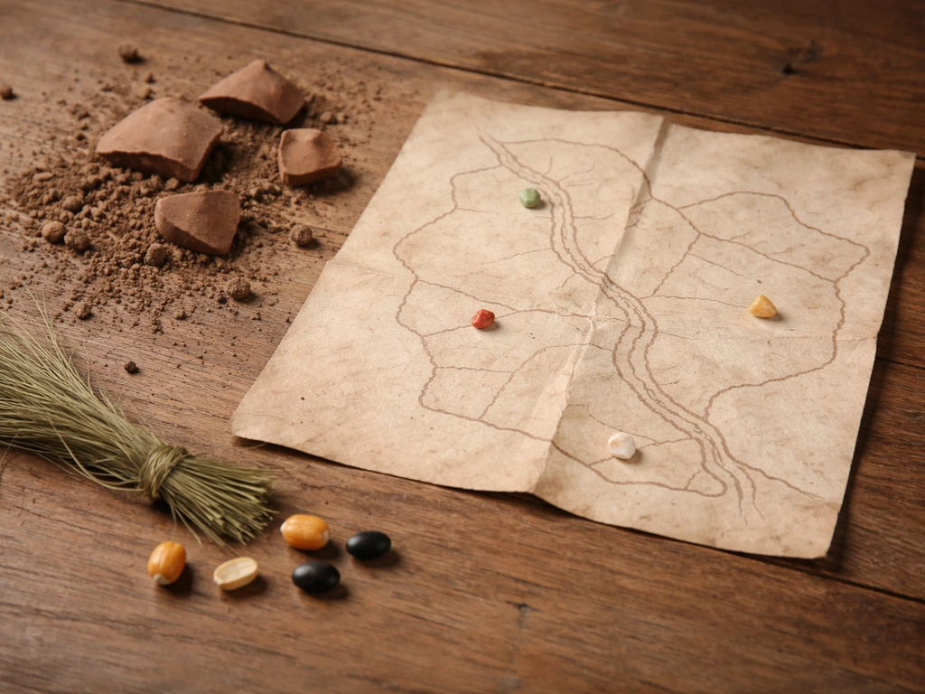 Minimal excavation still life with simple region shapes and crop seeds on parchment, evoking Haudenosaunee time-period v