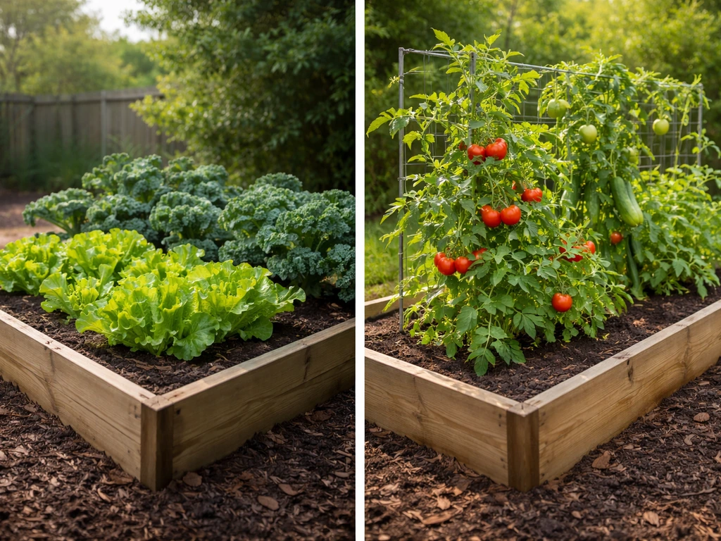 Split garden beds showing cool-season leafy greens on one side and warm-season tomatoes and cucumbers on the other.