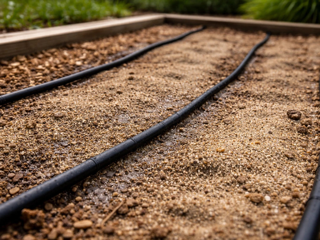 Close-up of sandy raised farm bed soil with drip irrigation lines and slightly damp soil near the tubing.