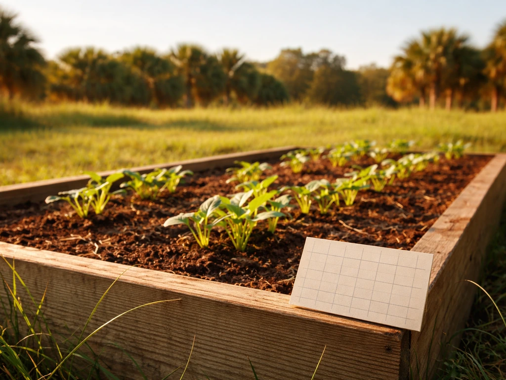 Sunlit farm field beside a simple planting calendar card showing warm-season crop timing