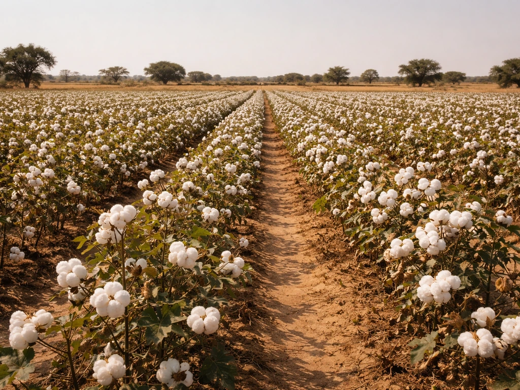 Sunlit African cotton field with rows of cotton plants and visible white bolls