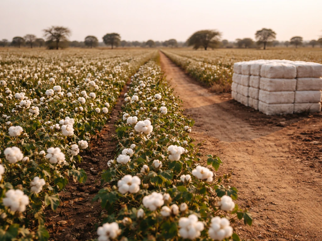 Cotton field rows with white bolls and a small stack of cotton bales along a rural track.