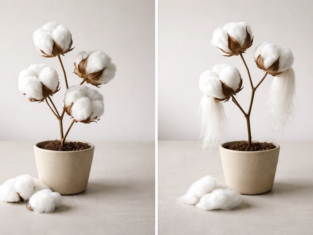 Two cotton plants and bolls in separate pots, showing upland and Egyptian-type long fiber textures side by side.
