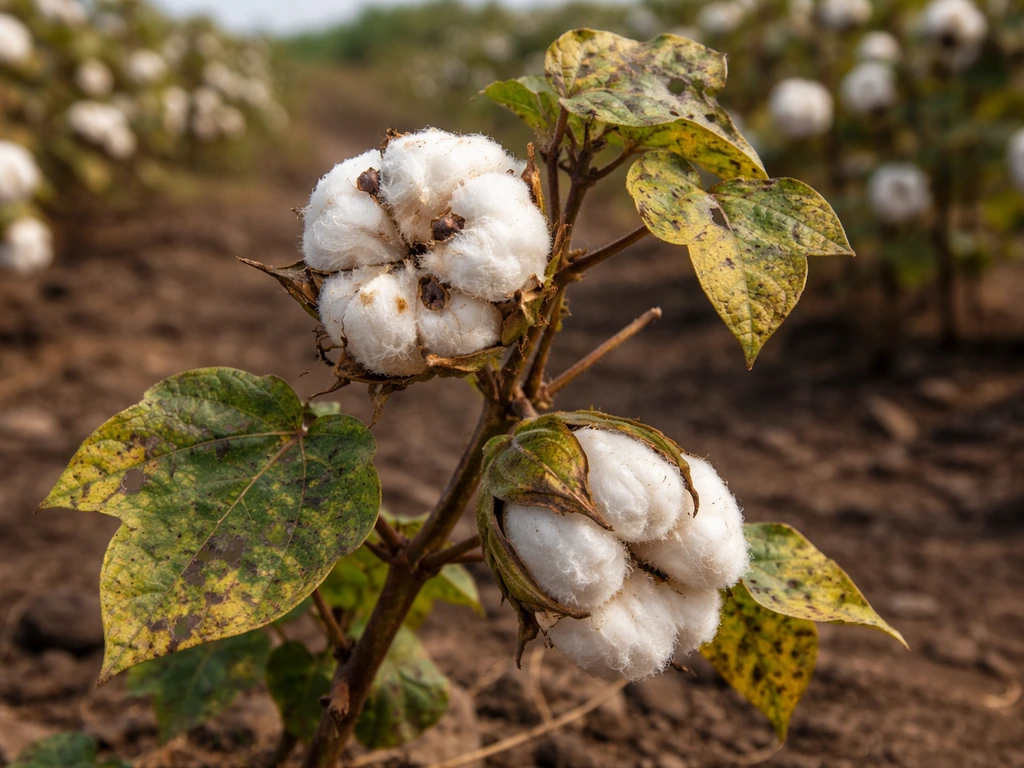 Close-up of cotton plants with damaged bolls and leaf spotting from pests and disease in a field.