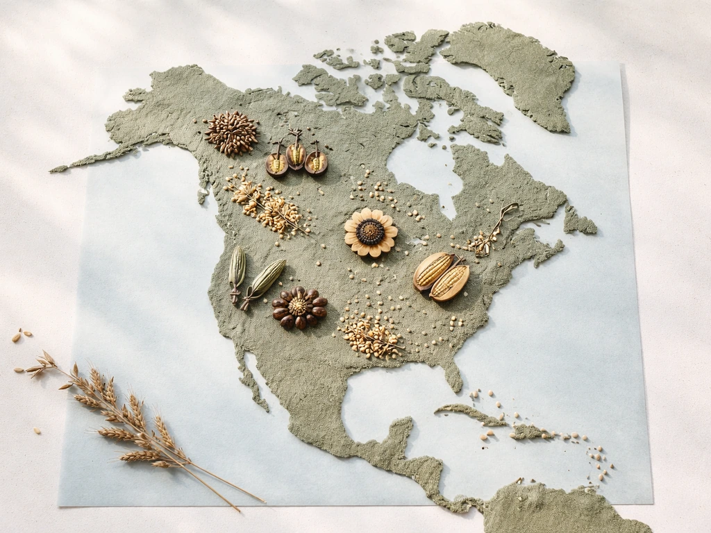 Minimal overhead North America map made from fabrics and plant icons for regional Indigenous crops