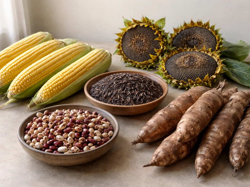 Lineup of Indigenous staple crops: maize cobs, wild rice, beans, sunflower heads, and tubers on a table.