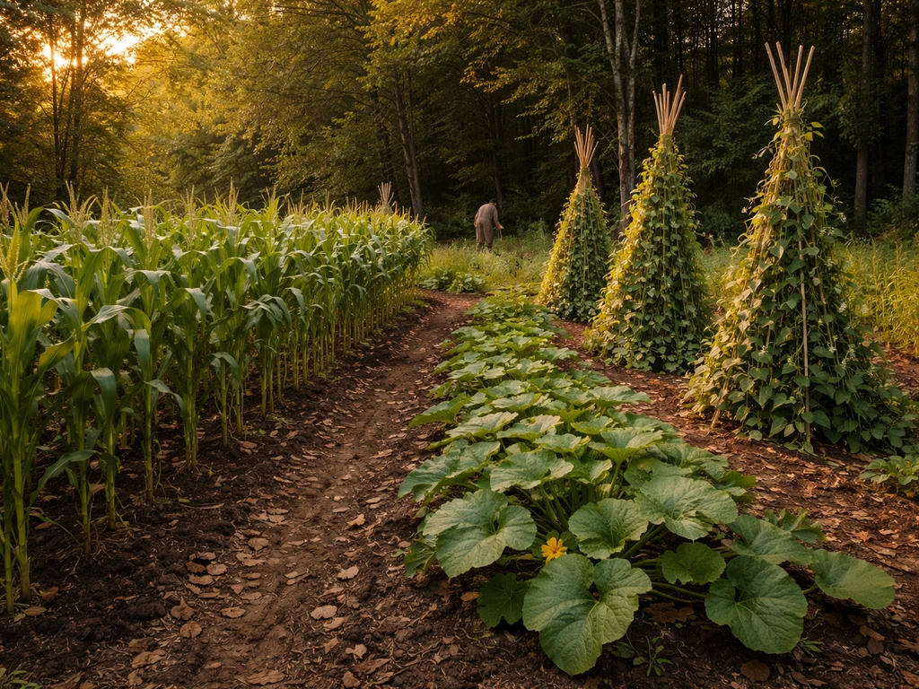 Indigenous-style corn, beans, and squash garden near a forest edge under warm sunlight
