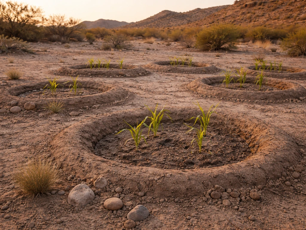 Arid Sonoran Desert field with shallow earthen basins and young maize plants against rocky hills