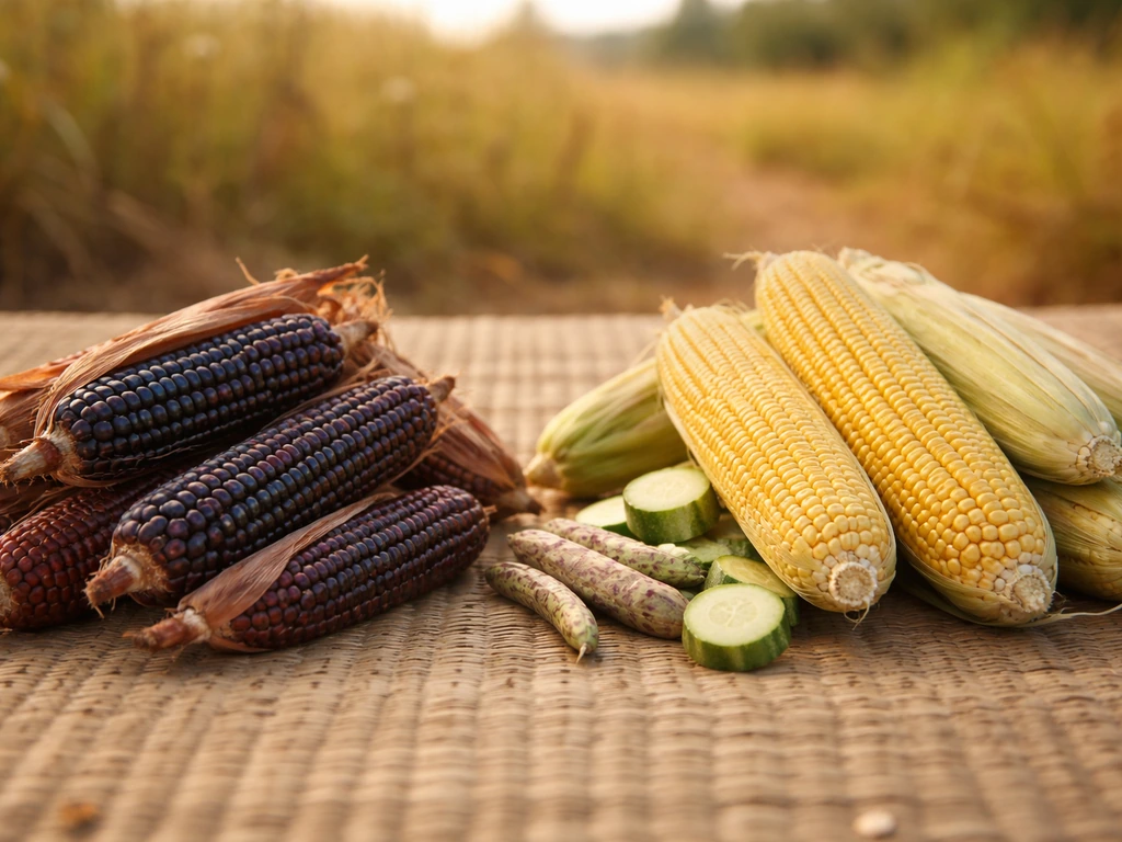Close-up of freshly harvested heirloom corn, beans, and squash on a woven mat in warm sunlight.