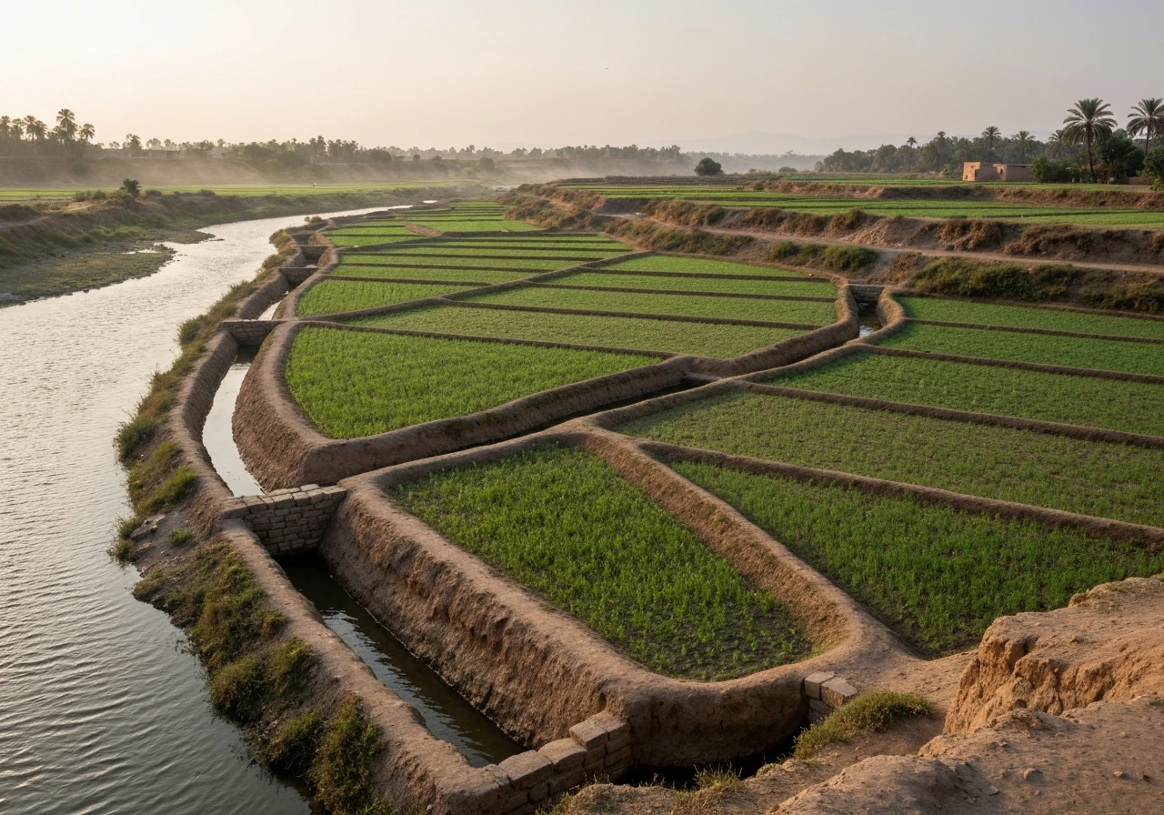 Ancient river-valley farmland with irrigation channels guiding water through fertile fields