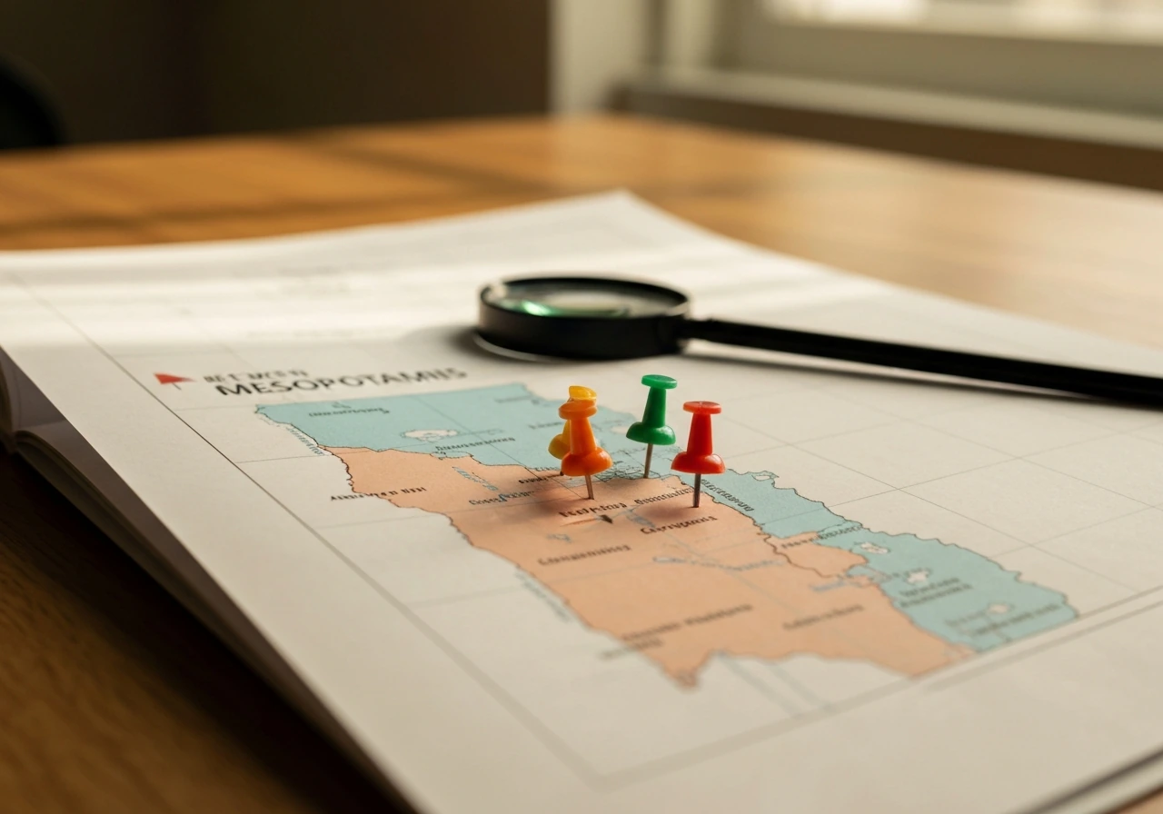 Minimal photo of a study map spread on a desk, highlighting ancient Egypt and Mesopotamia regions with pins.