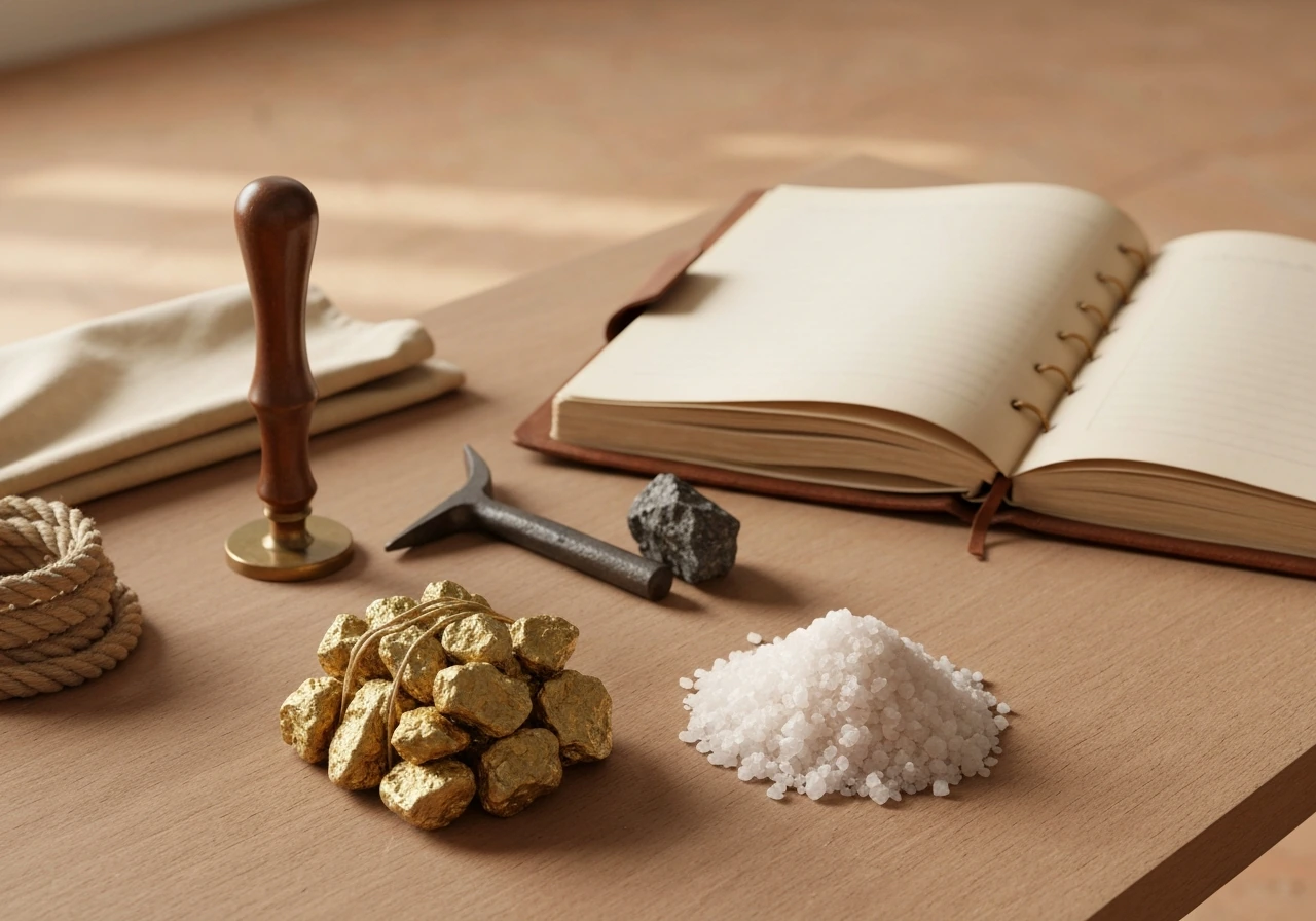 Gold nuggets, salt, ore and tools, plus a bronze seal and blank ledger on a wooden table.