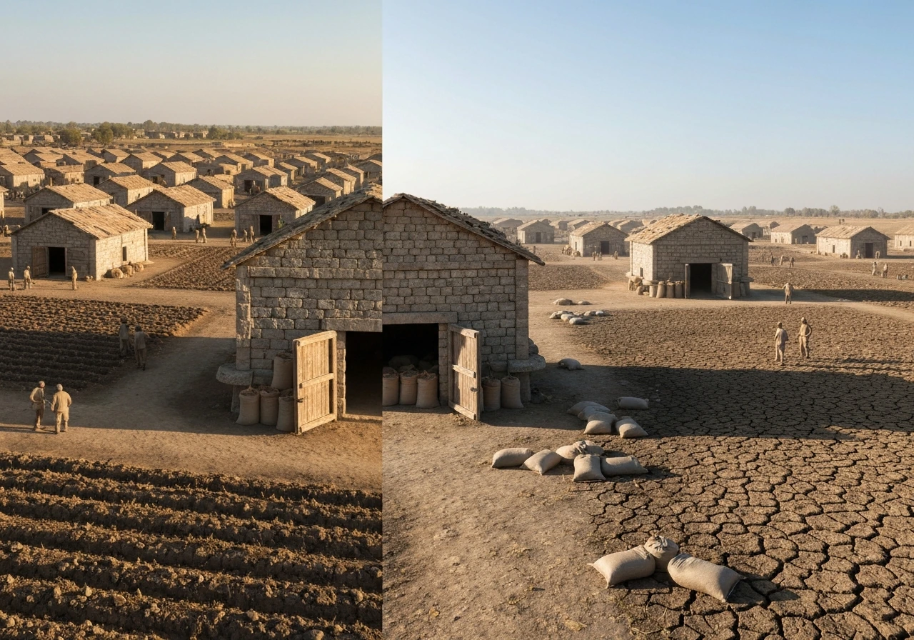 Two-panel view: thriving dense granary settlement vs dry famine-prone area with empty granary.