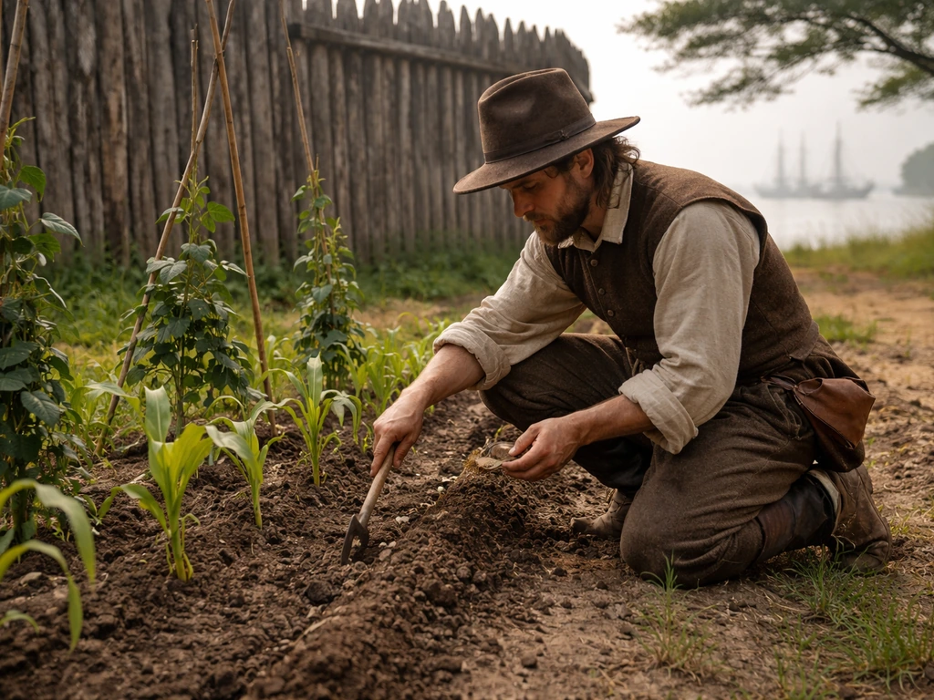 Colonist kneels to plant corn and beans near a wooden palisade in Virginia marshy tidewater.