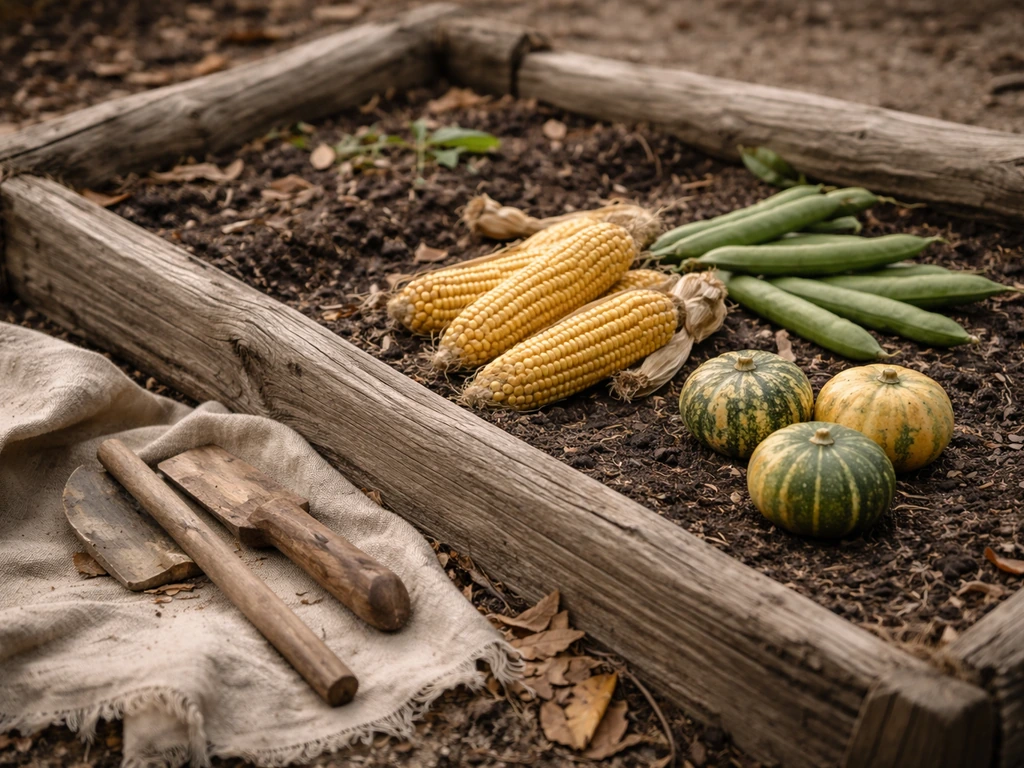 Maize cobs, green beans, and small squash arranged in an early 1600s style garden bed with soil and wood.