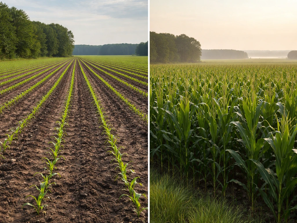 Spring seedlings and humid-summer corn growing in a Virginia-style farmland field
