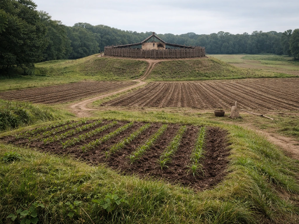 Elevated crop rows near a simple triangular fort, with expanded outfields stretching outward.