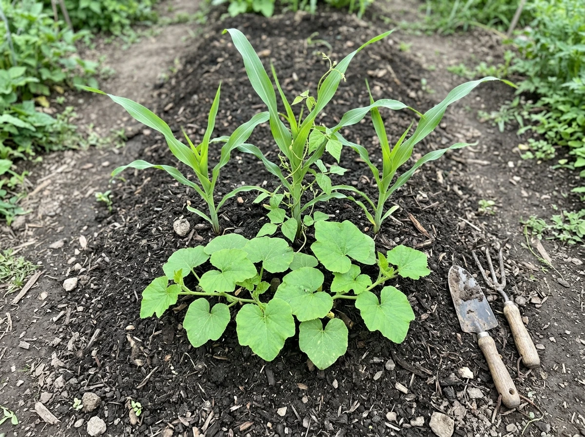 Intercropped maize, beans, and squash growing together in a milpa field