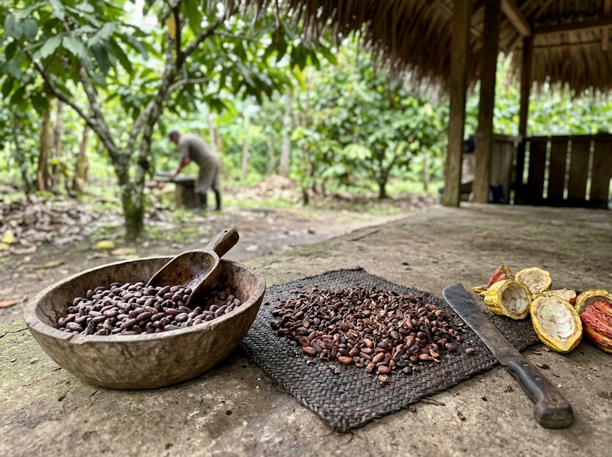 Opened cacao pods with cocoa beans and dried cacao on a mat
