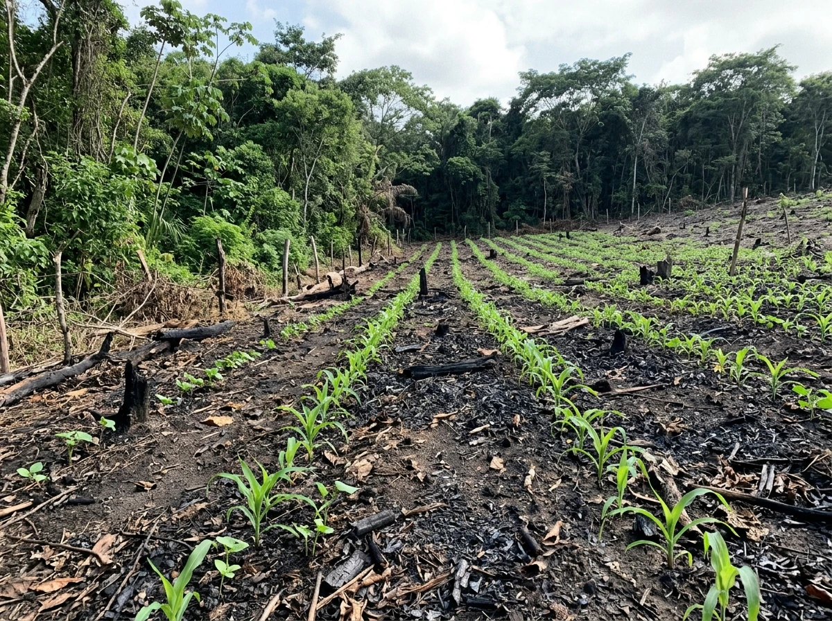 Maize seedlings growing in a cleared milpa plot near forest regrowth
