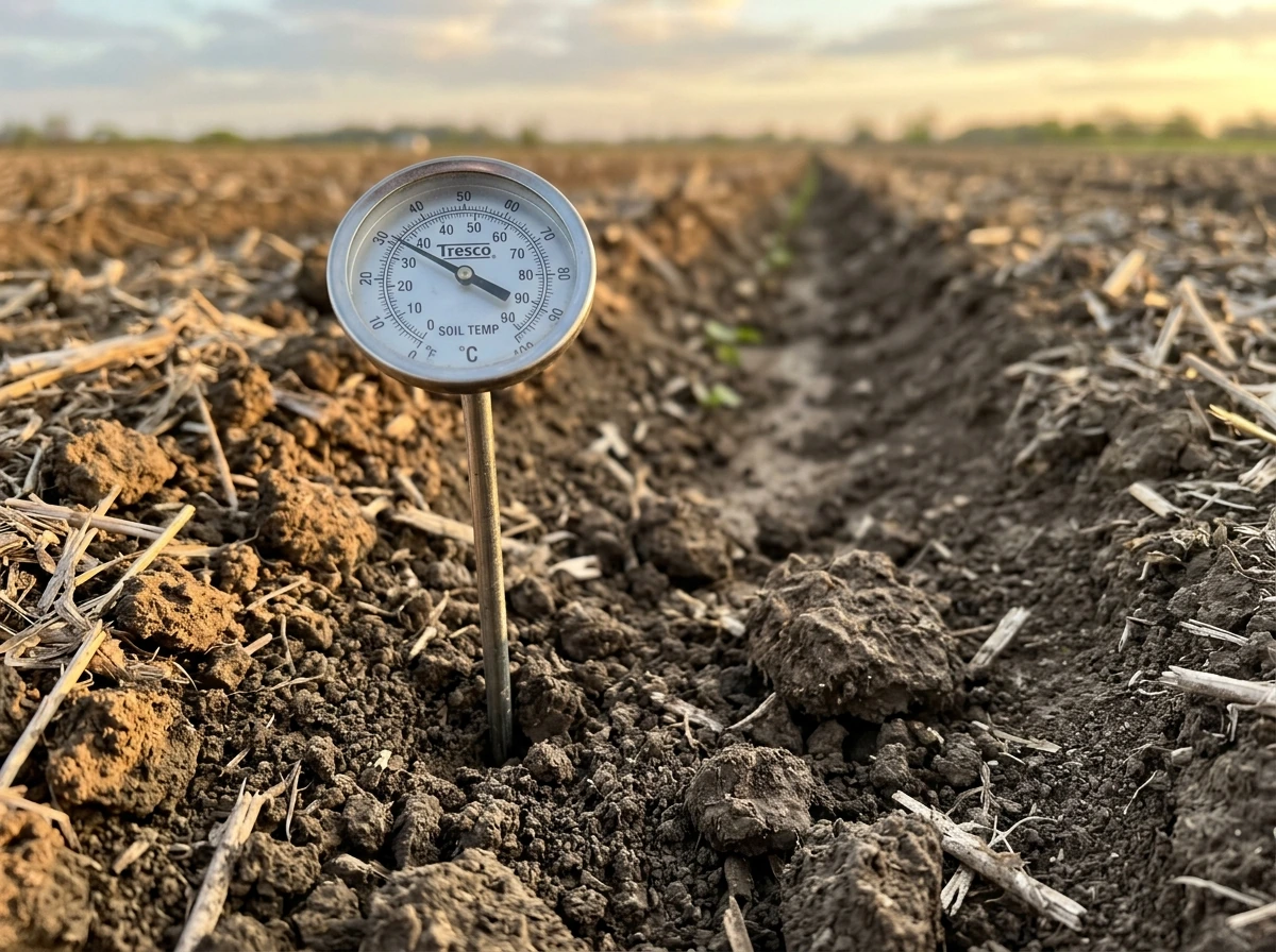 Thermometer reading warm soil temperature for cotton germination