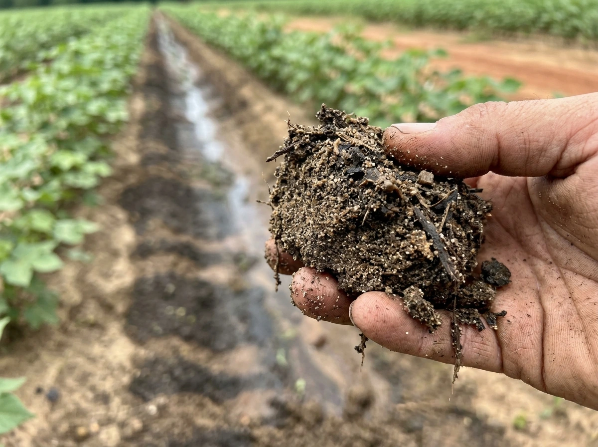 Sandy loam soil with drainage features for cotton roots