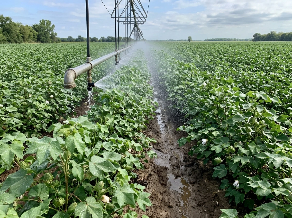 Irrigation setup watering cotton during midsummer demand