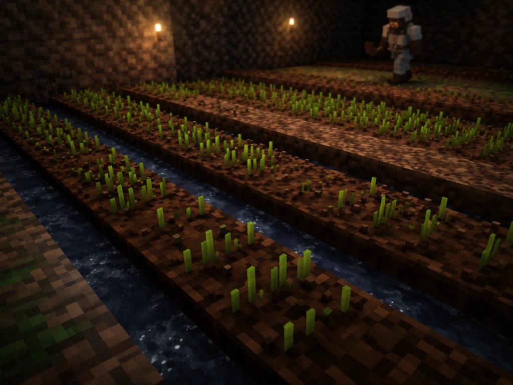 Minecraft-style crop farm rows with partially grown crops under dim lighting on farmland