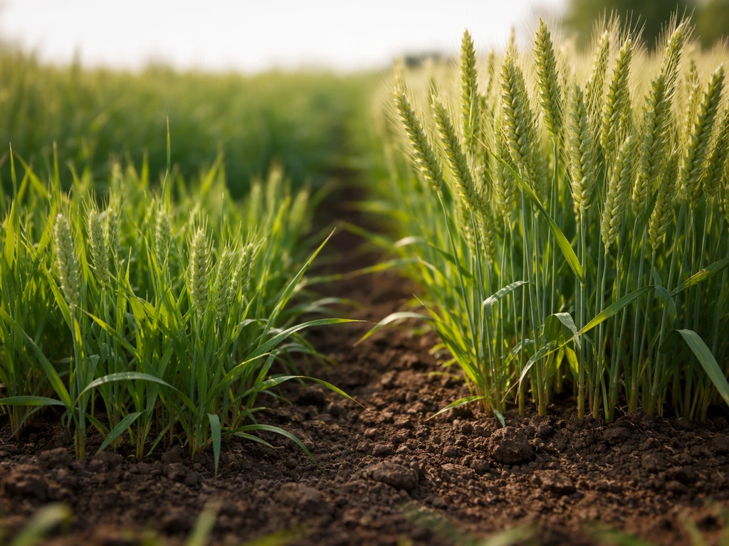 Close-up of wheat plants showing clear slow growth stages between immature and mature clusters.