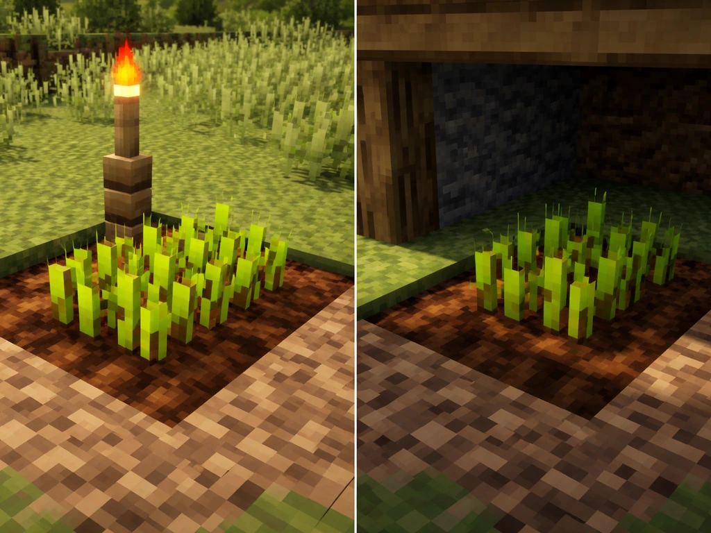 Two adjacent crop blocks—one sunlit with nearby torch, one shaded with no light—showing different brightness for growth.