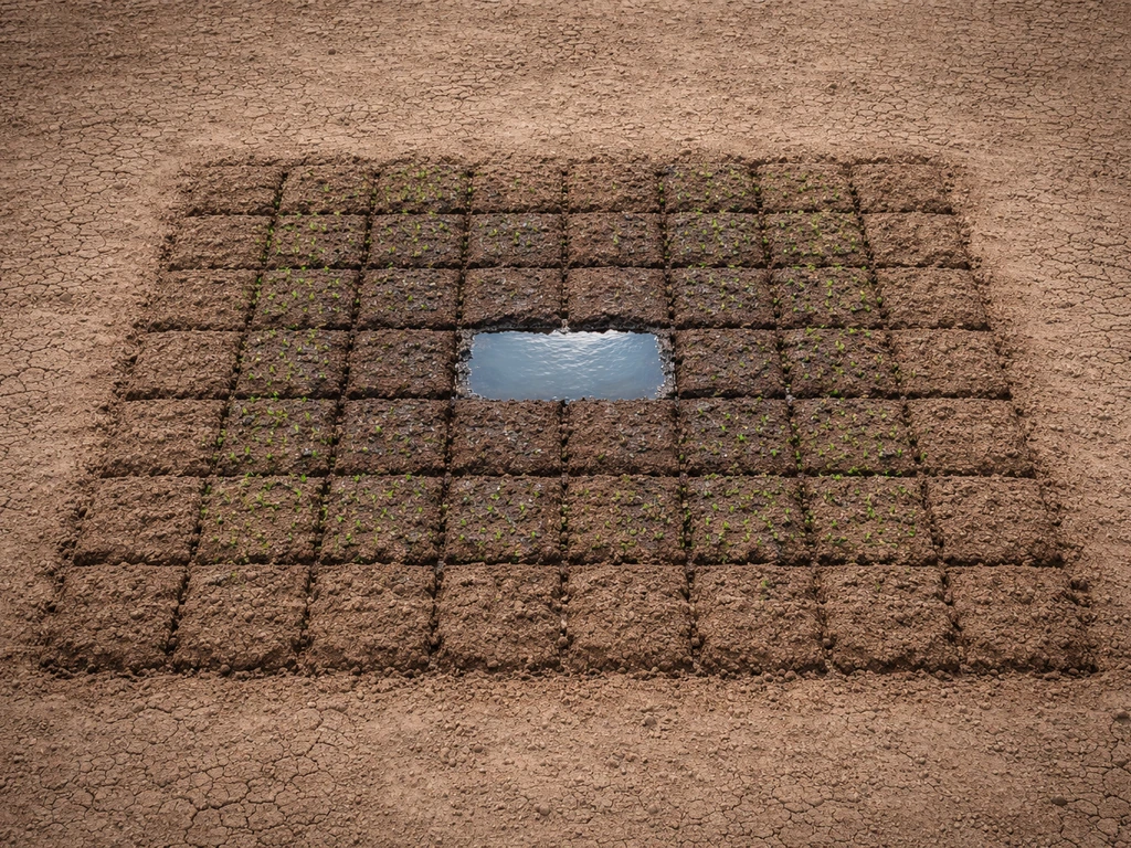 Top-down view of a simple farm grid where water hydrates blocks within four steps, leaving farther blocks dry.