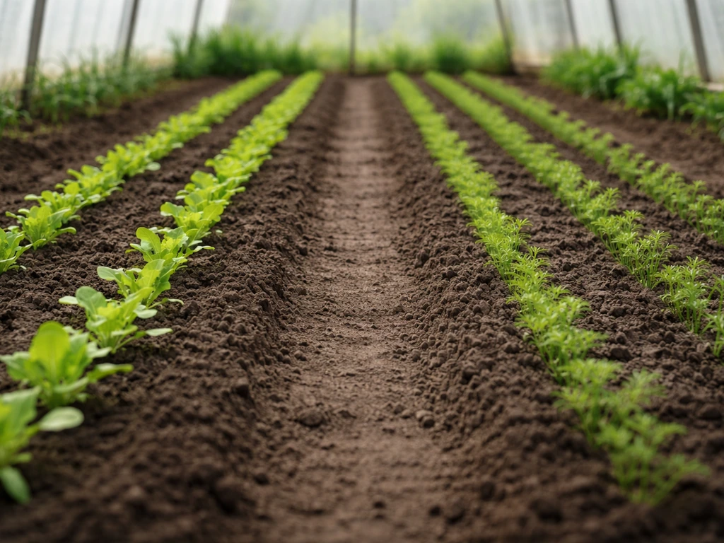 Minimal photo of a neatly spaced multi-row crop bed with clear gaps between different crops.