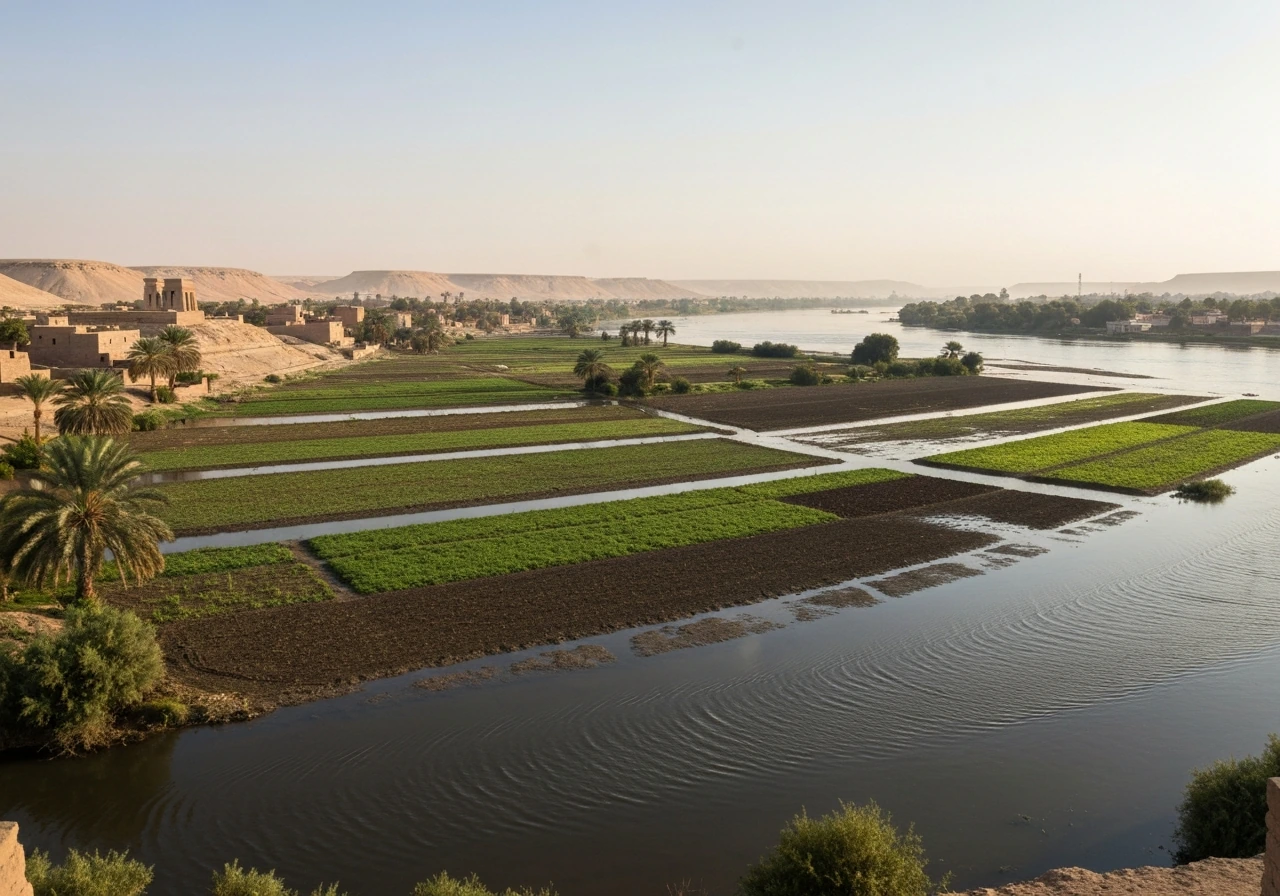 Nile floodplain with receding waters, patchwork crop bands, distant temples and palm-lined fields at dawn