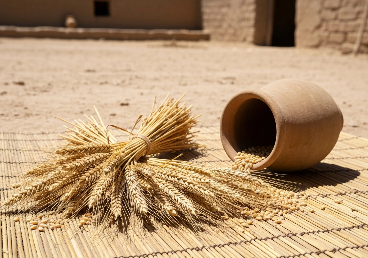 Close-up of emmer wheat and barley sheaves with a clay jar of stored grain in a sunlit ancient yard