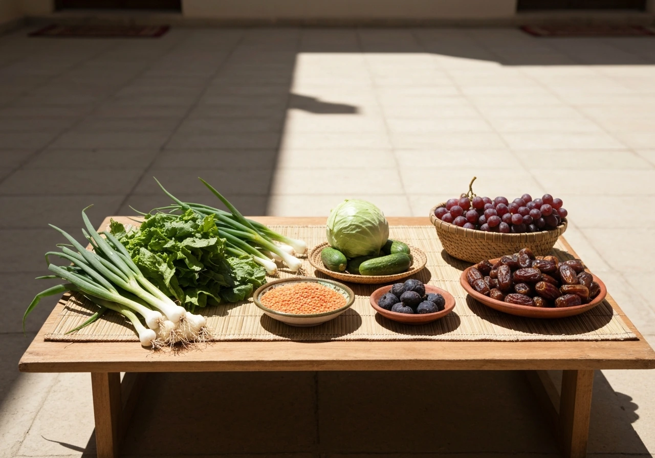 Assorted Egyptian-style garden vegetables, legumes, and fruits arranged on woven mats and a wooden table