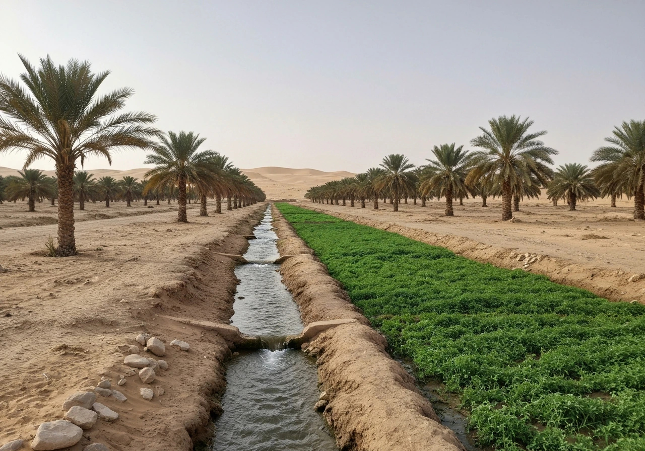 Date palms and irrigated green plots beside an oasis channel in the desert, with dunes in the background.