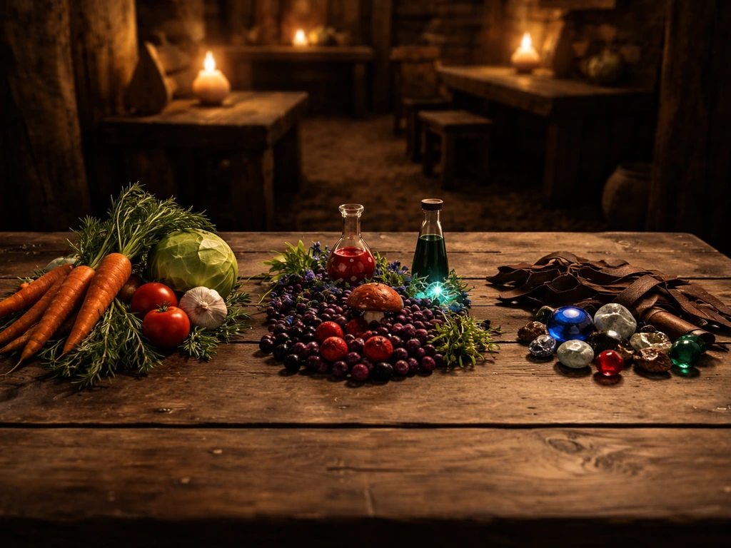 Minimal Skyrim-inspired table showing distinct harvest items for food, alchemy, and crafting/enchanting