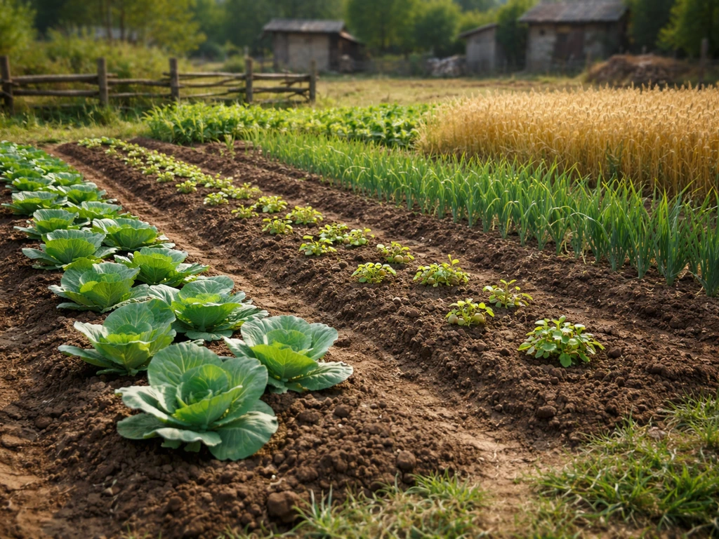 Outdoor farm plot with tilled rows showing cabbages, potatoes, leeks, and wheat near a rural settlement.