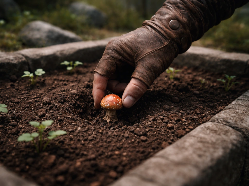 Close-up of a Skyrim player character placing a blisterwort ingredient into fertile soil plot in a garden bed