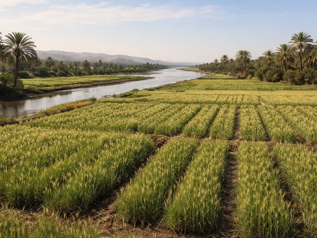 Panoramic view of Nile floodplain fields with grain crops, palms, and the winding river at planting season.