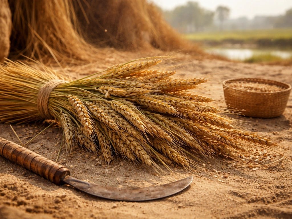 Close-up of emmer wheat and barley grain heads with an Egyptian harvest sickle and woven basket nearby