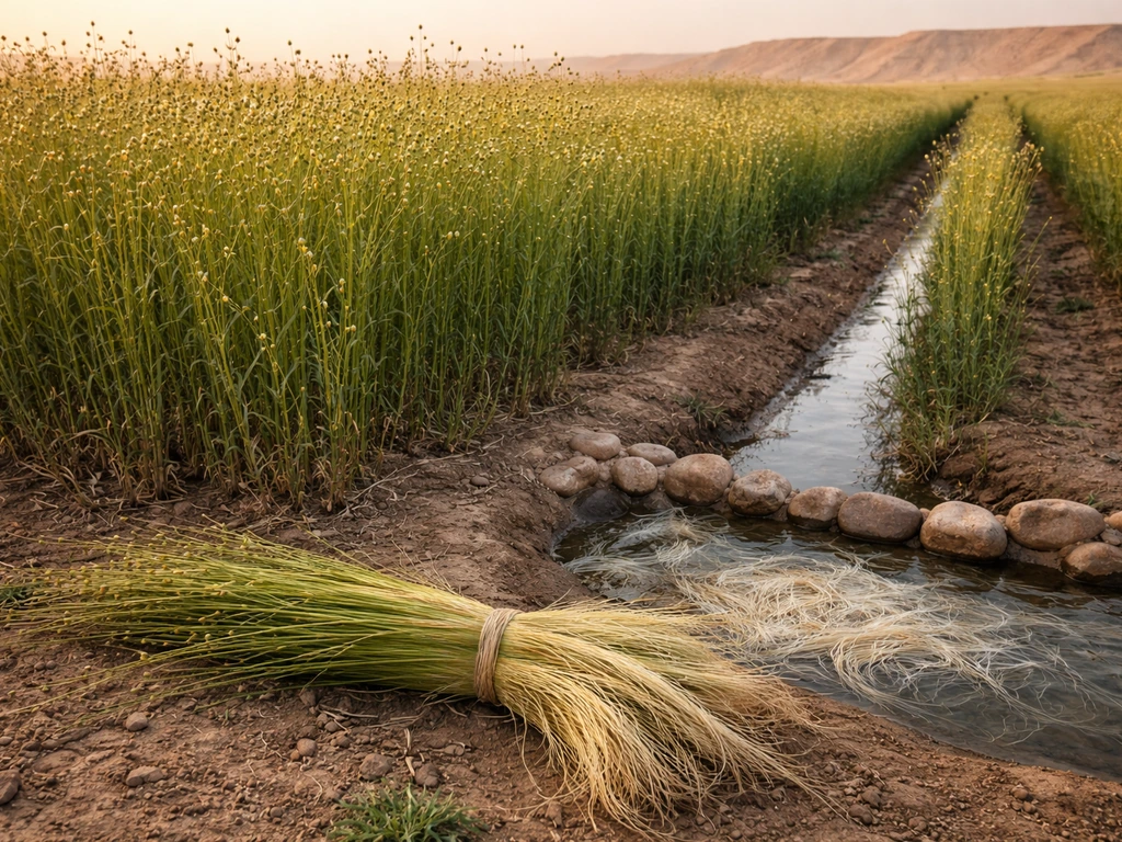 Flax field with harvested flax plants and pale processing fibers near a shallow stone-lined retting trough.