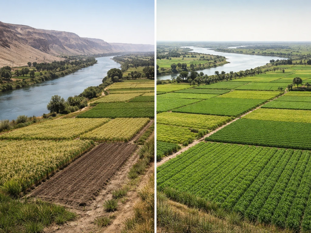 Split view of Upper Egypt Nile valley and Lower Egypt Delta fields with different crop textures under sunlight