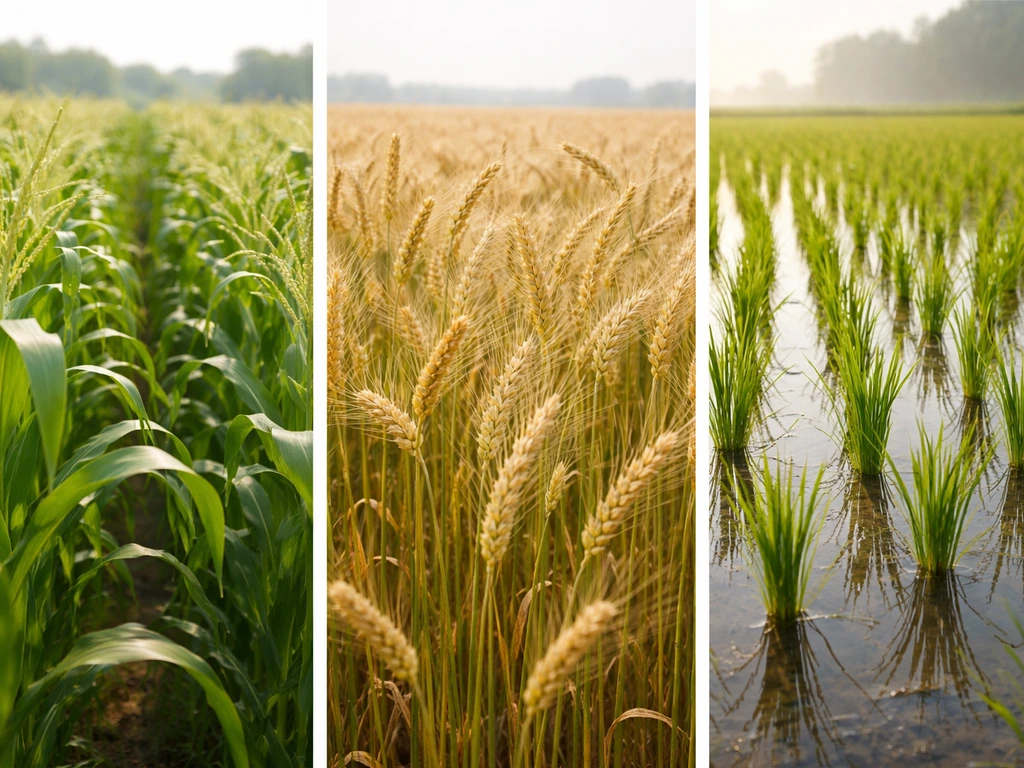 Minimal side-by-side photos showing region-typical crops like corn, wheat, and rice in natural fields.