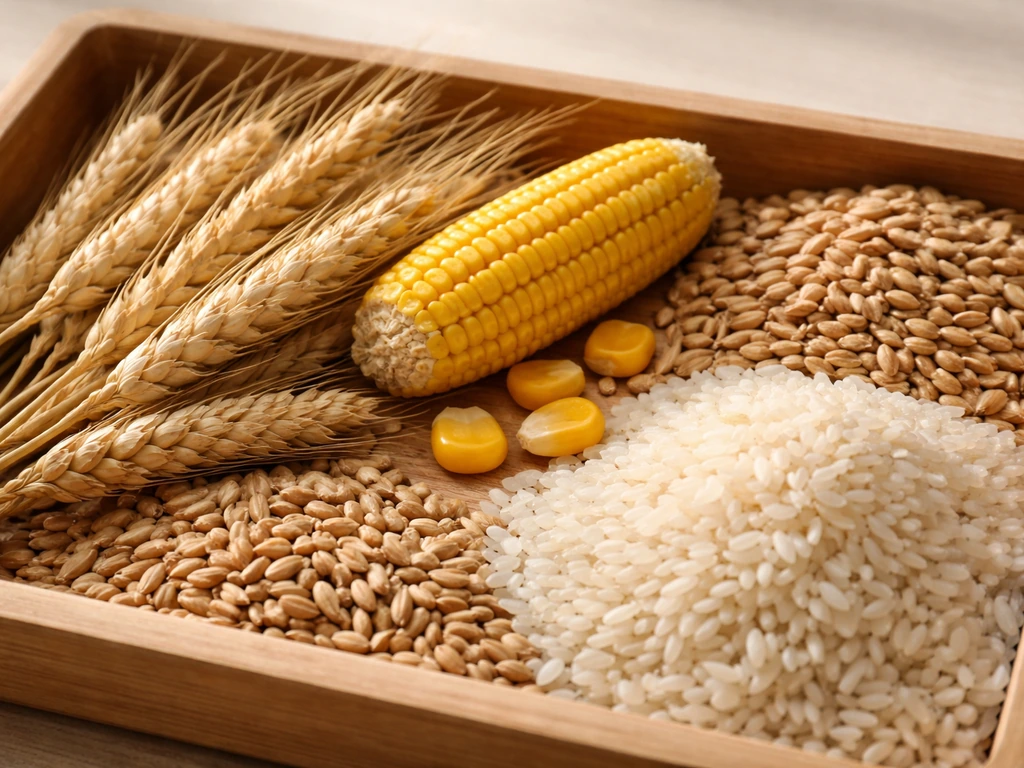 Shallow wooden tray filled with wheat, corn kernels, barley, and rice grains in natural light.