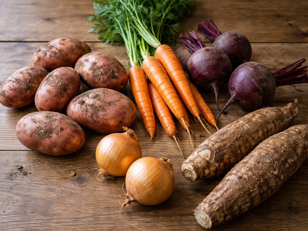Fresh potatoes, carrots, beets, onions, and cassava/yam roots arranged on a wooden table.