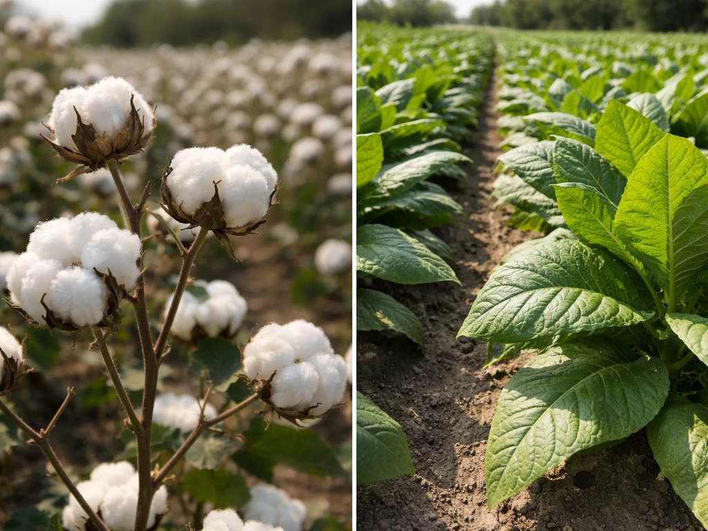 Adjacent cotton bolls and tobacco leaves growing in a simple farm field contrast.