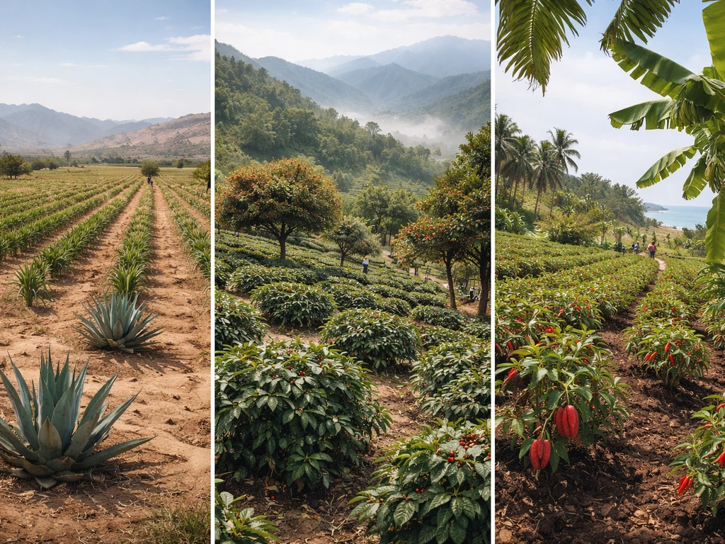 Panoramic landscape showing Mexico’s crops by climate: arid maize/agave, highland coffee orchards, tropical cacao/banana