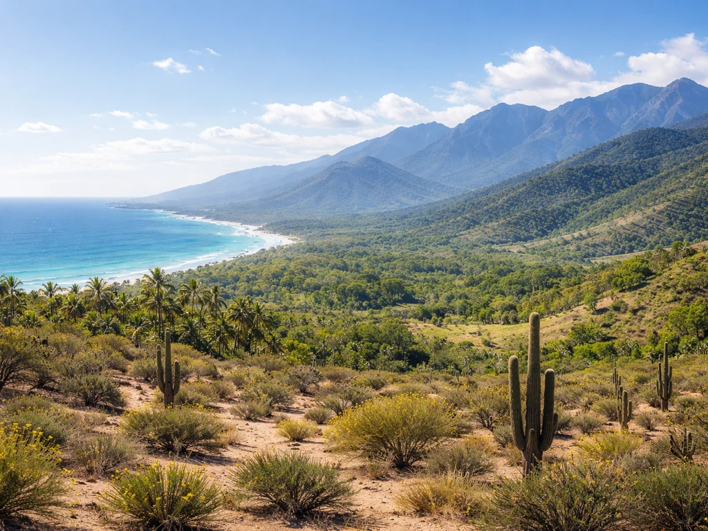 Landscape photo collage showing Mexico’s coast, desert, highlands, and tropical greenery in a single view