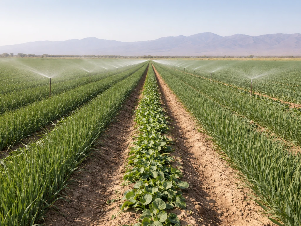Irrigated crop rows in arid northern Mexico, with sprinklers misting wheat and vegetables.